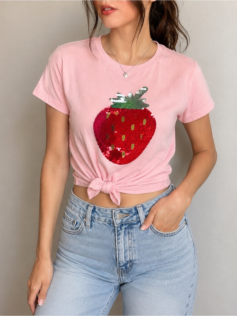 Wonder Nation Pink Strawberry Sequin Tee Girls L 10-12